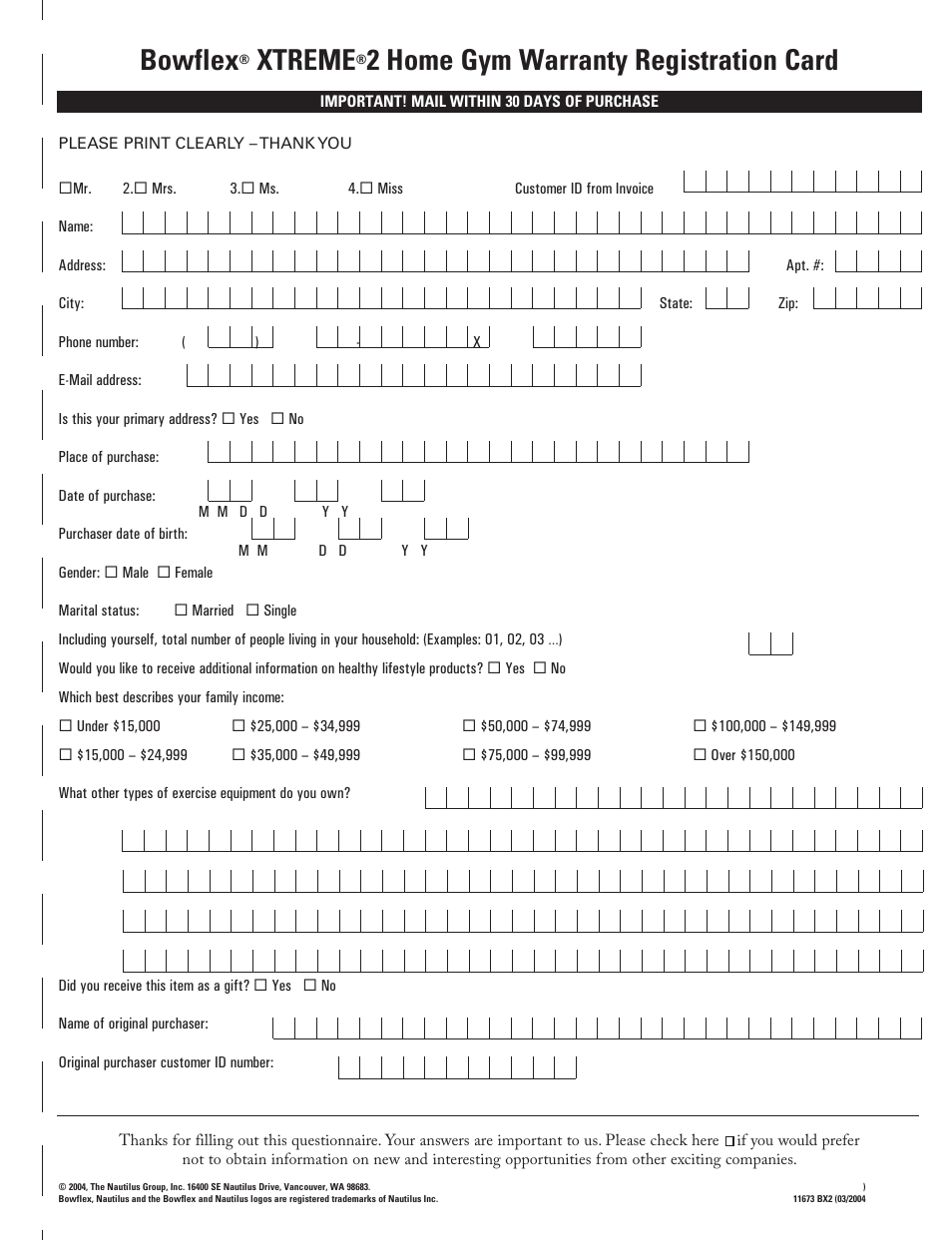 Bowflex, Xtreme, 2 home gym warranty registration card | Bowflex Xtreme 2 User Manual | Page 67 / 73