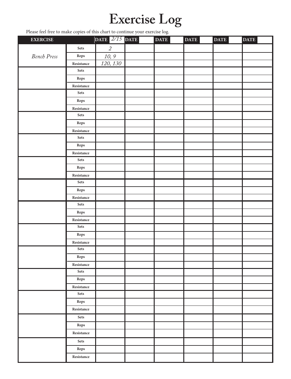 Exercise log | Bowflex Xtreme 2 User Manual | Page 70 / 73