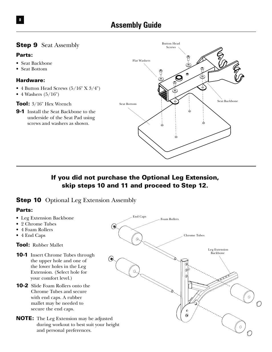 Assembly guide, Step 10 optional leg extension assembly, Step 9 seat assembly | Bowflex Xtreme User Manual | Page 10 / 90