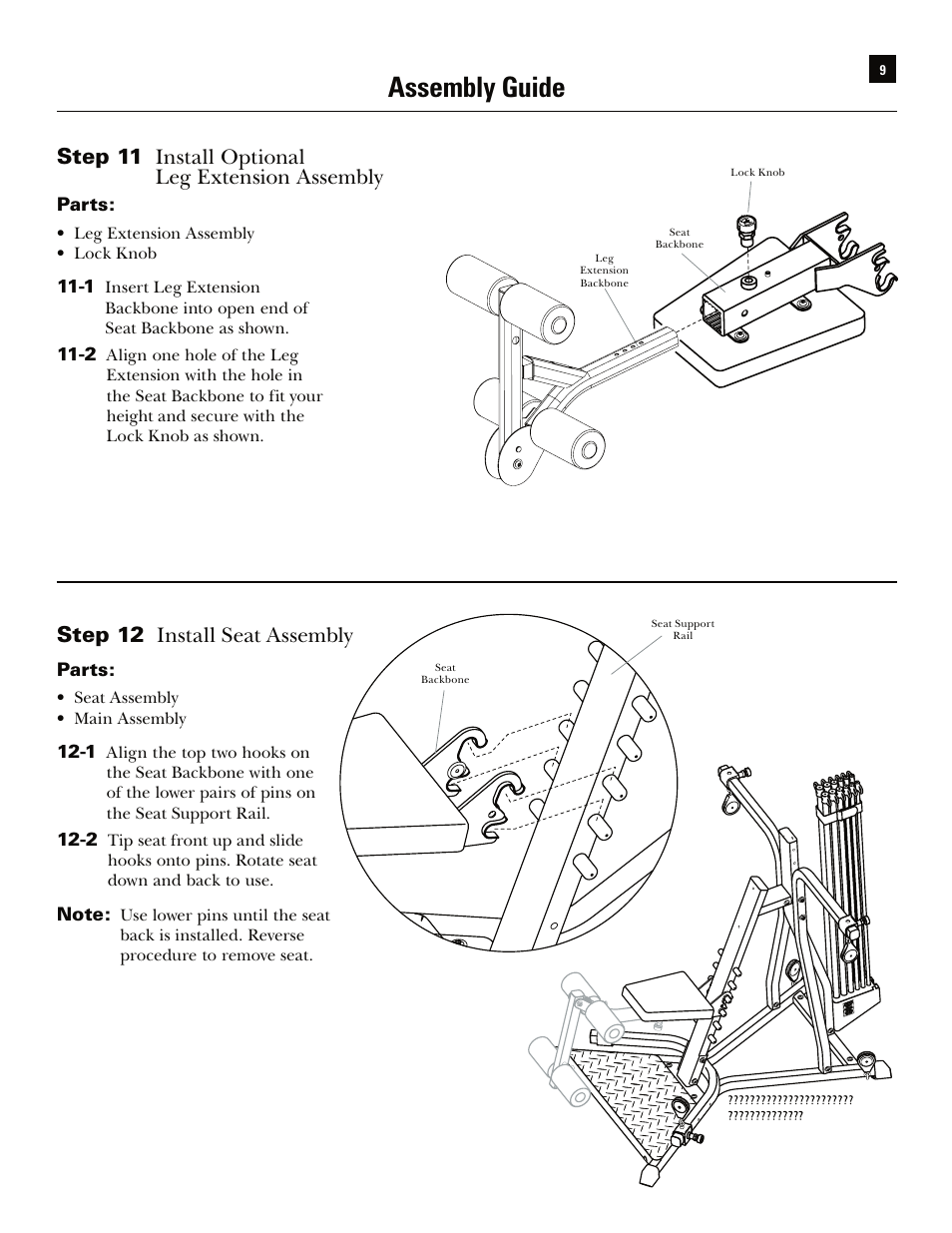 Assembly guide, Step 10 optional leg extension assembly, Step 9 seat assembly | Step 11 install optional leg extension assembly, Step 12 install seat assembly | Bowflex Xtreme User Manual | Page 11 / 90
