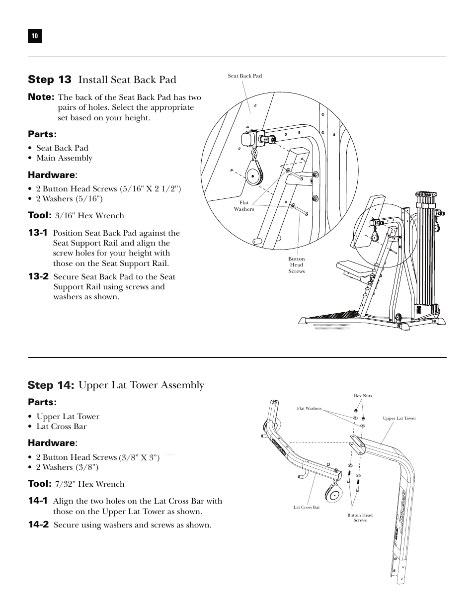 Upper lat tower assembly, Step 13 install seat back pad, Step 14 | Bowflex Xtreme User Manual | Page 12 / 90
