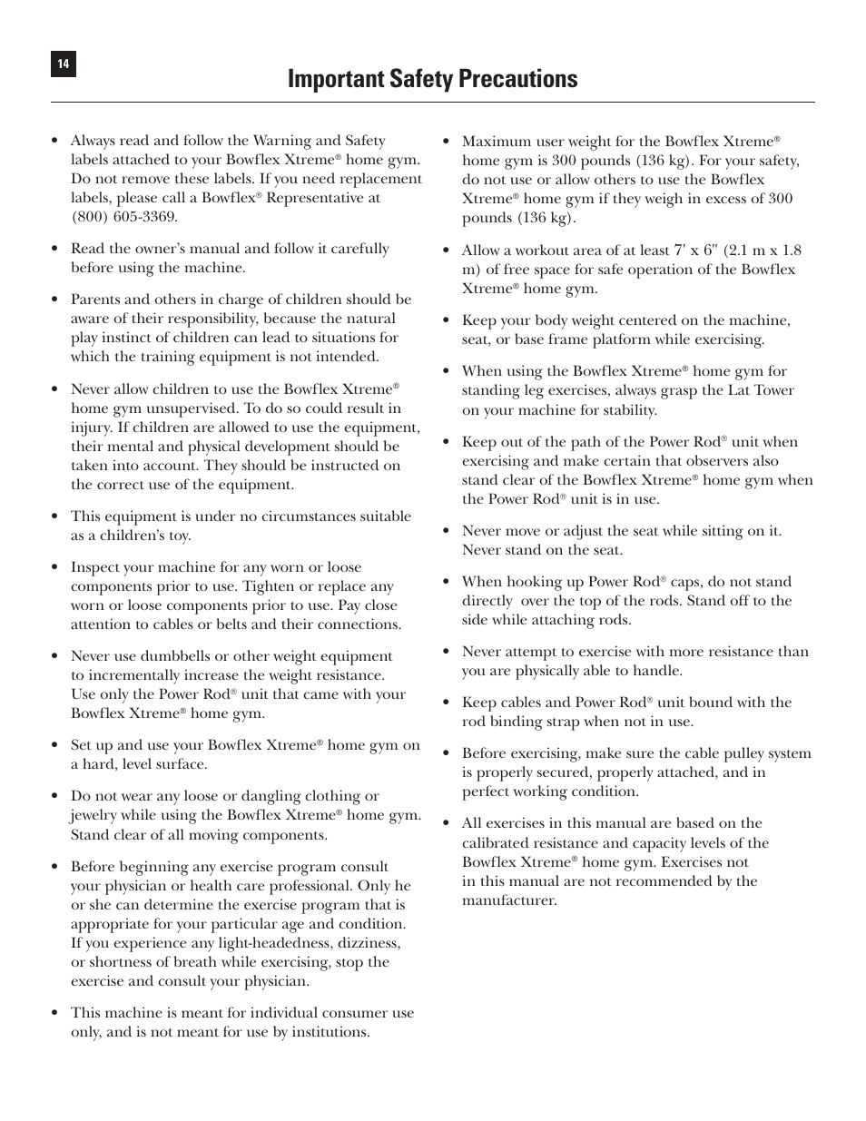 Important safety precautions | Bowflex Xtreme User Manual | Page 16 / 90