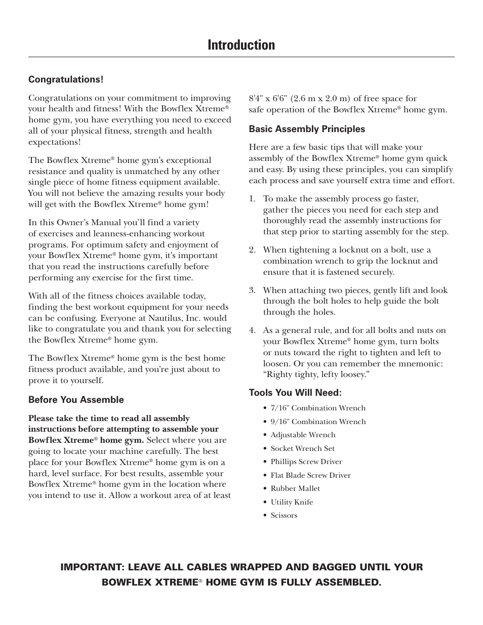 Introduction | Bowflex Xtreme User Manual | Page 2 / 90