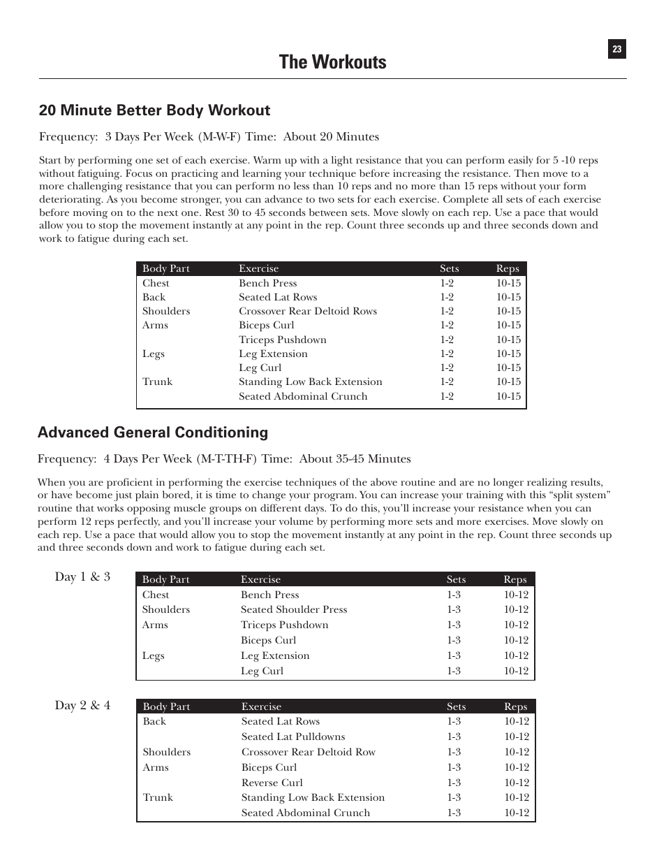 The workouts, 20 minute better body workout, Advanced general conditioning | Bowflex Xtreme User Manual | Page 25 / 90