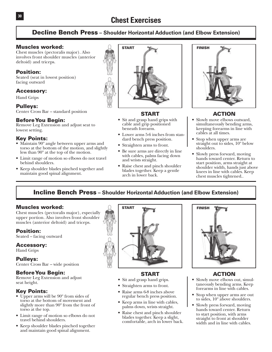 Chest exercises, Decline bench press, Incline bench press | Bowflex Xtreme User Manual | Page 32 / 90