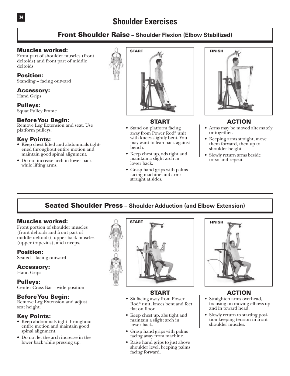 Shoulder exercises, Front shoulder raise, Seated shoulder press | Bowflex Xtreme User Manual | Page 36 / 90