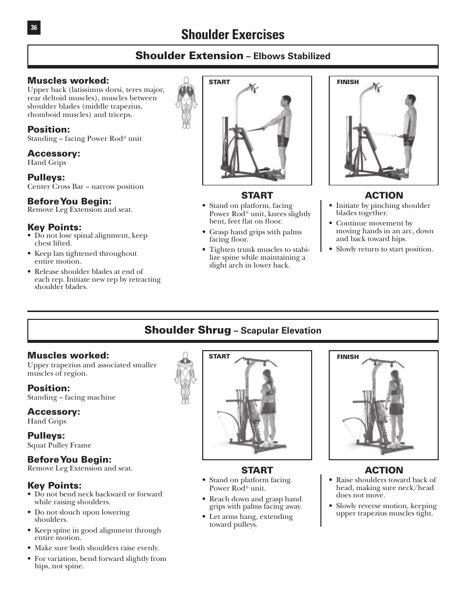 Shoulder exercises, Shoulder extension, Shoulder shrug | Bowflex Xtreme User Manual | Page 38 / 90