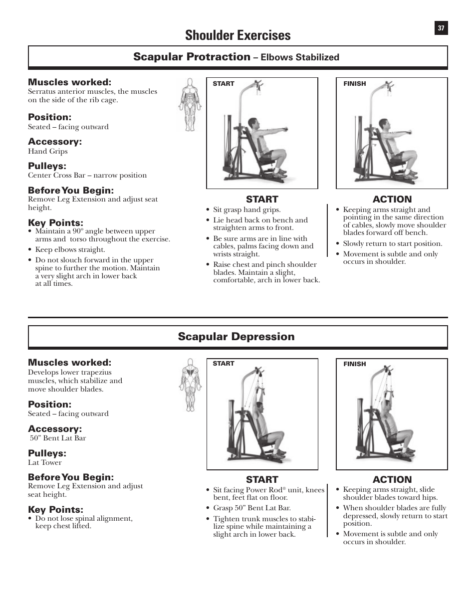 Shoulder exercises, Scapular protraction, Scapular depression | Bowflex Xtreme User Manual | Page 39 / 90