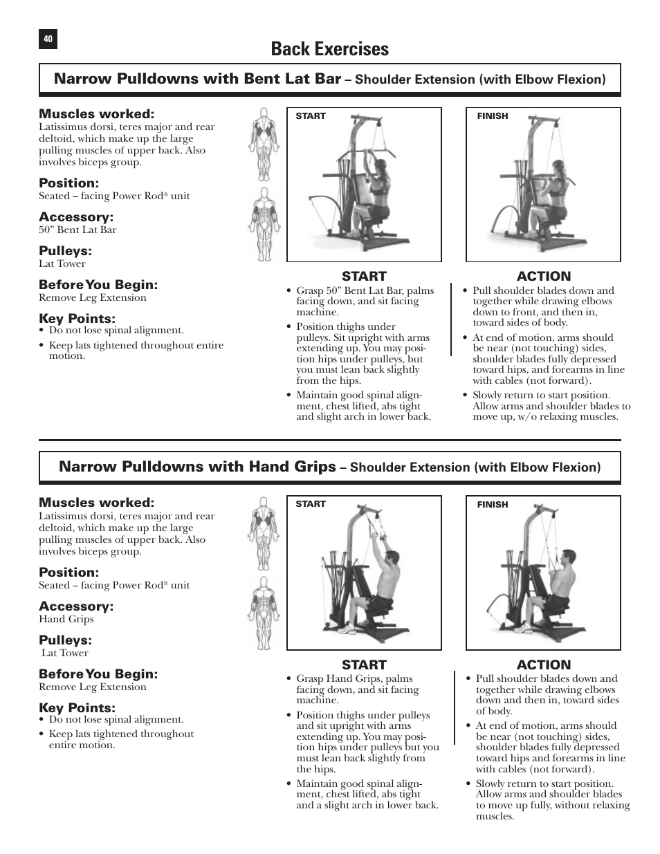 Back exercises, Narrow pulldowns with bent lat bar, Narrow pulldowns with hand grips | Bowflex Xtreme User Manual | Page 42 / 90