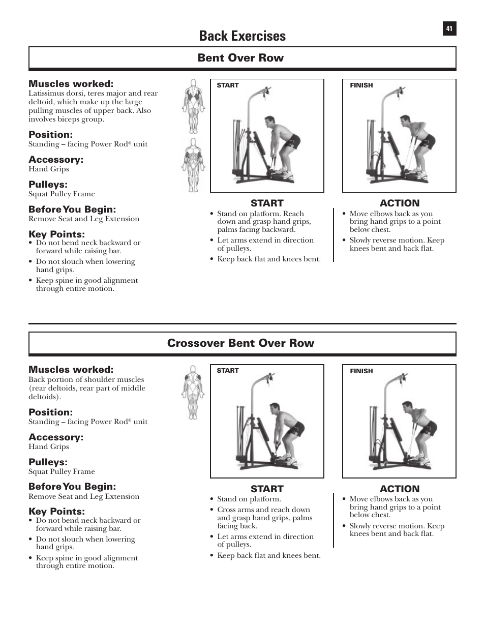 Back exercises, Bent over row, Crossover bent over row | Bowflex Xtreme User Manual | Page 43 / 90