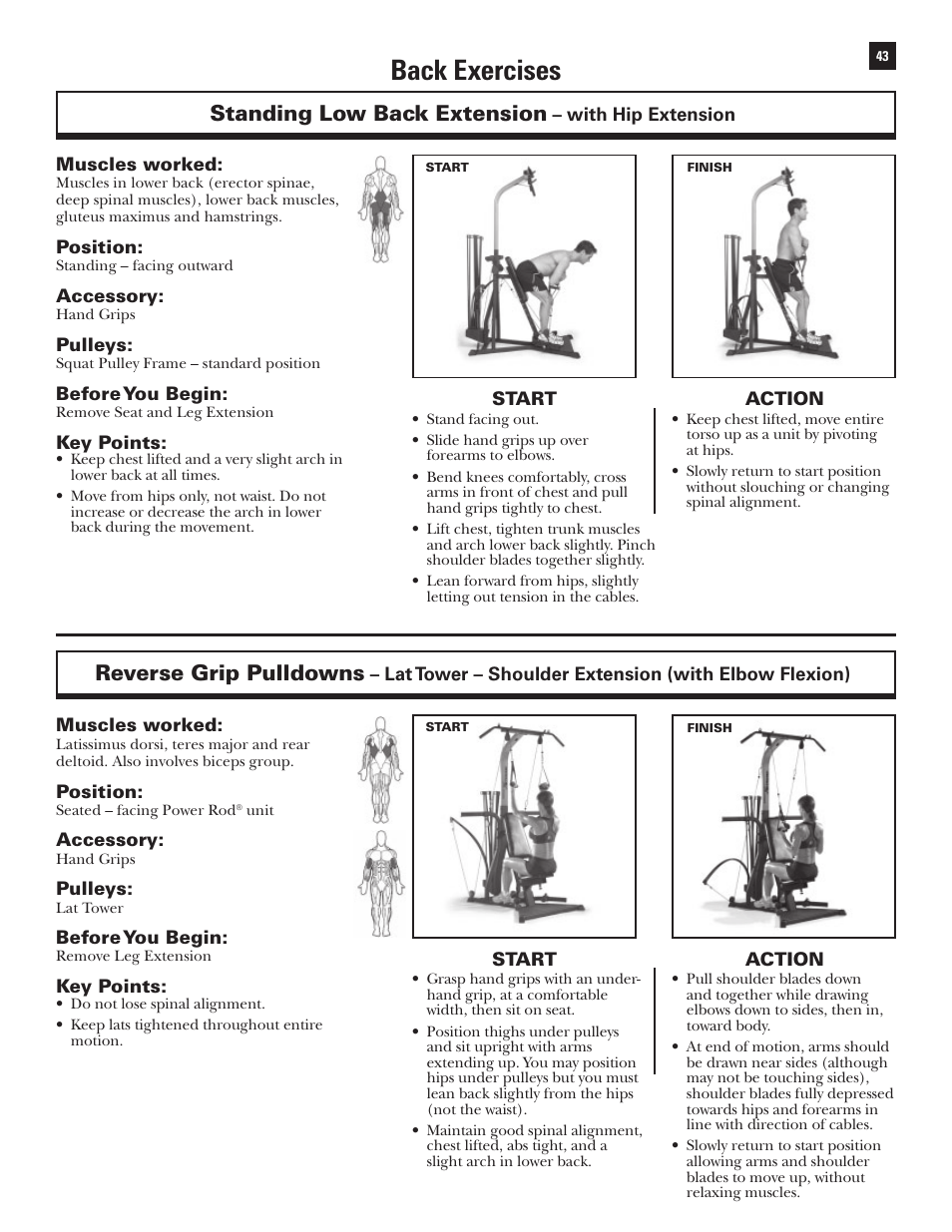 Back exercises, Standing low back extension, Reverse grip pulldowns | Bowflex Xtreme User Manual | Page 45 / 90