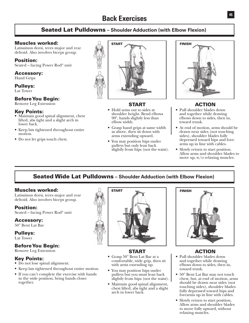 Back exercises, Seated lat pulldowns, Seated wide lat pulldowns | Bowflex Xtreme User Manual | Page 47 / 90