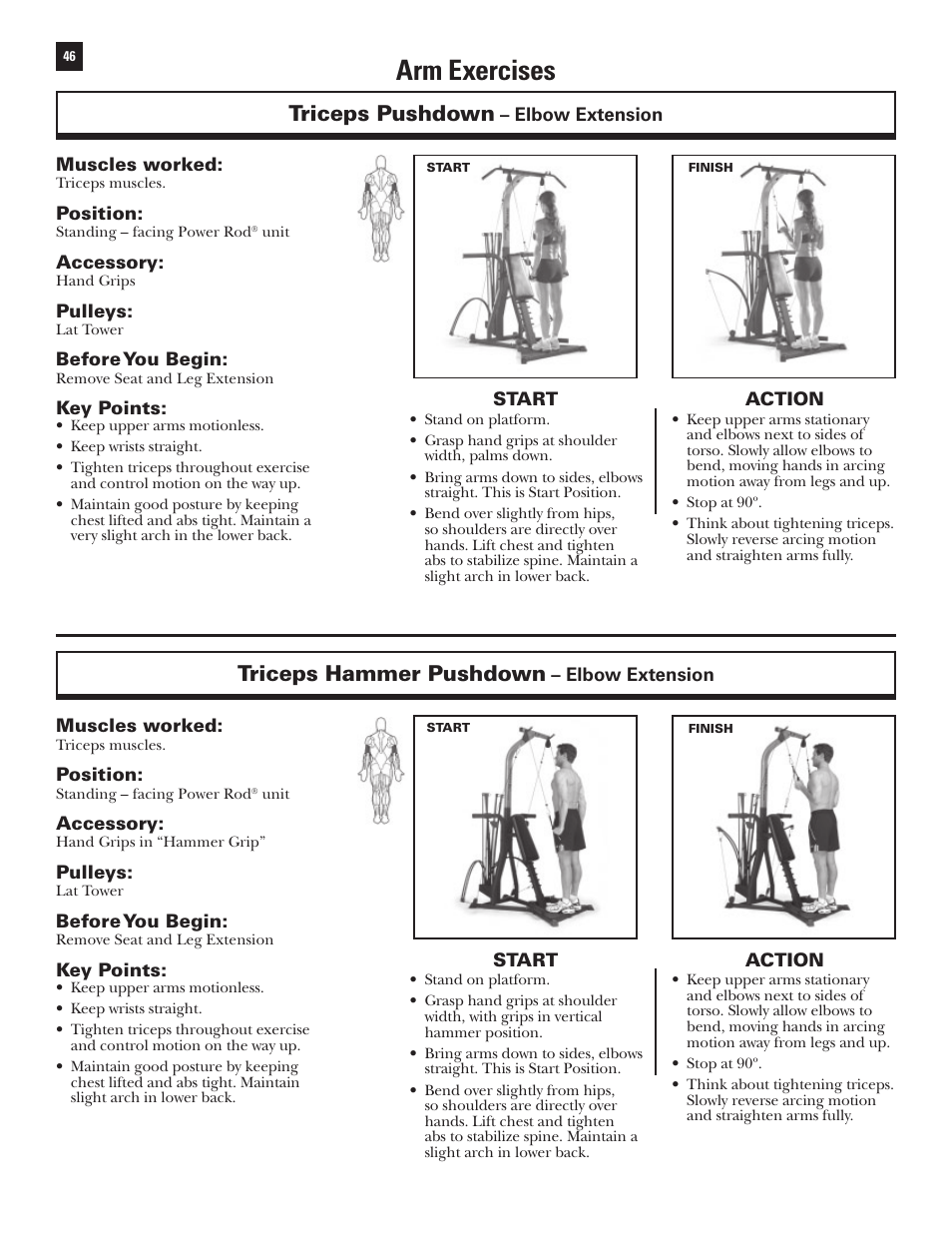 Arm exercises, Triceps pushdown, Triceps hammer pushdown | Bowflex Xtreme User Manual | Page 48 / 90