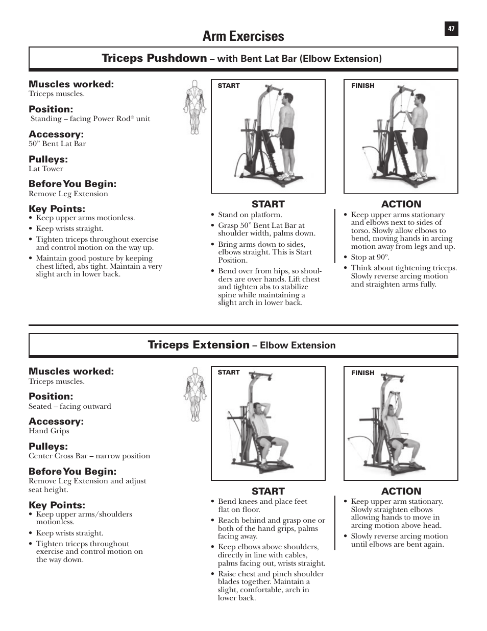 Arm exercises, Triceps pushdown, Triceps extension | Bowflex Xtreme User Manual | Page 49 / 90