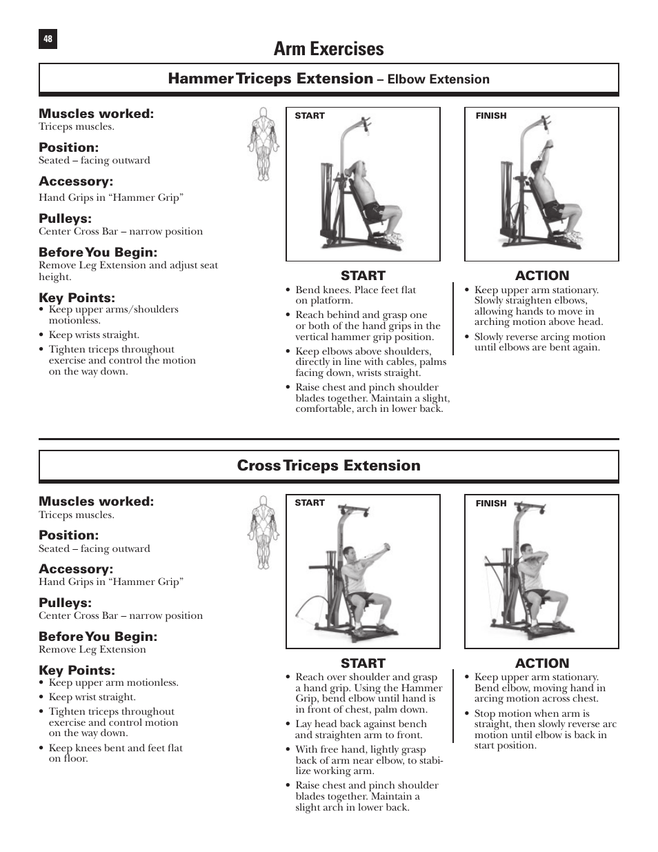 Arm exercises, Hammer triceps extension, Cross triceps extension | Bowflex Xtreme User Manual | Page 50 / 90