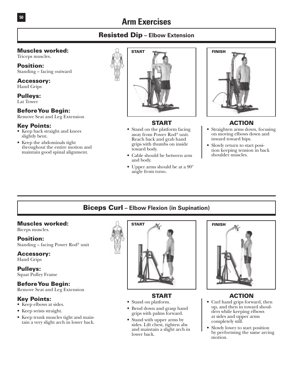 Arm exercises, Resisted dip, Biceps curl | Bowflex Xtreme User Manual | Page 52 / 90