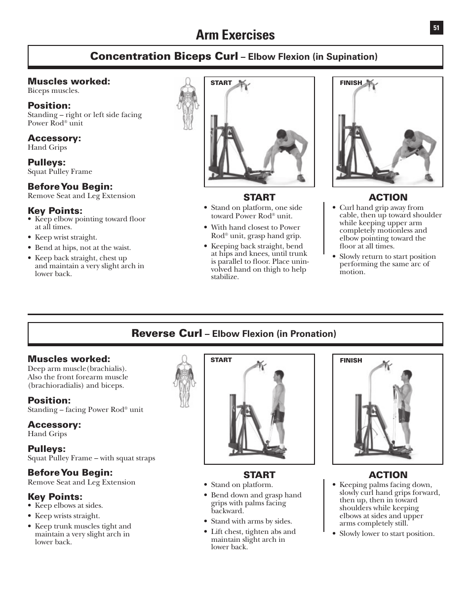 Arm exercises, Concentration biceps curl, Reverse curl | Bowflex Xtreme User Manual | Page 53 / 90