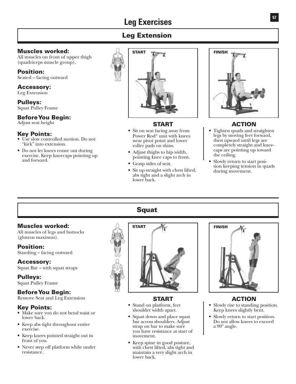 Leg exercises, Leg extension, Squat | Bowflex Xtreme User Manual | Page 59 / 90