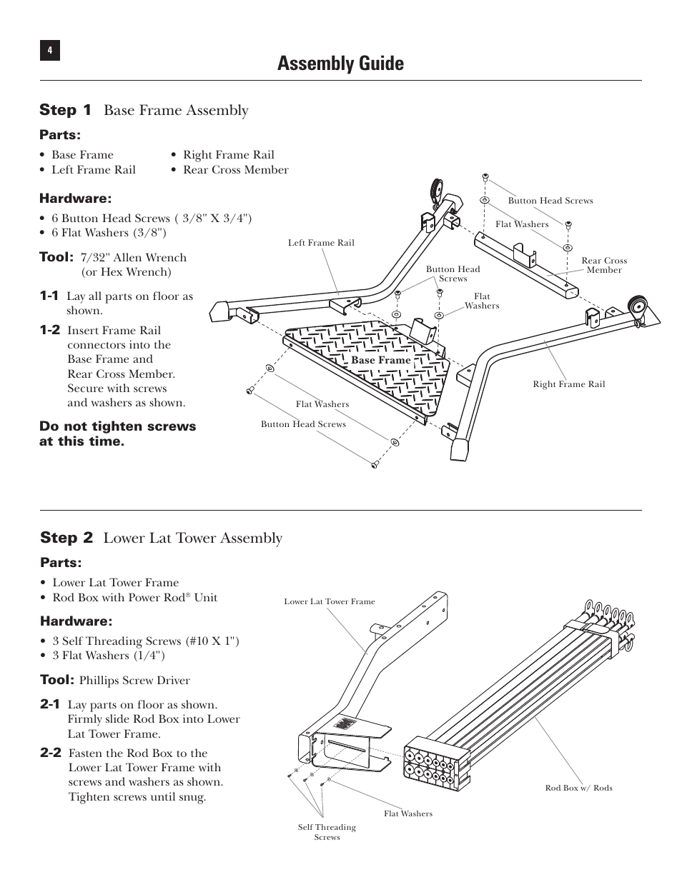 Assembly guide, Step 1 base frame assembly, Step 2 lower lat tower assembly | Bowflex Xtreme User Manual | Page 6 / 90
