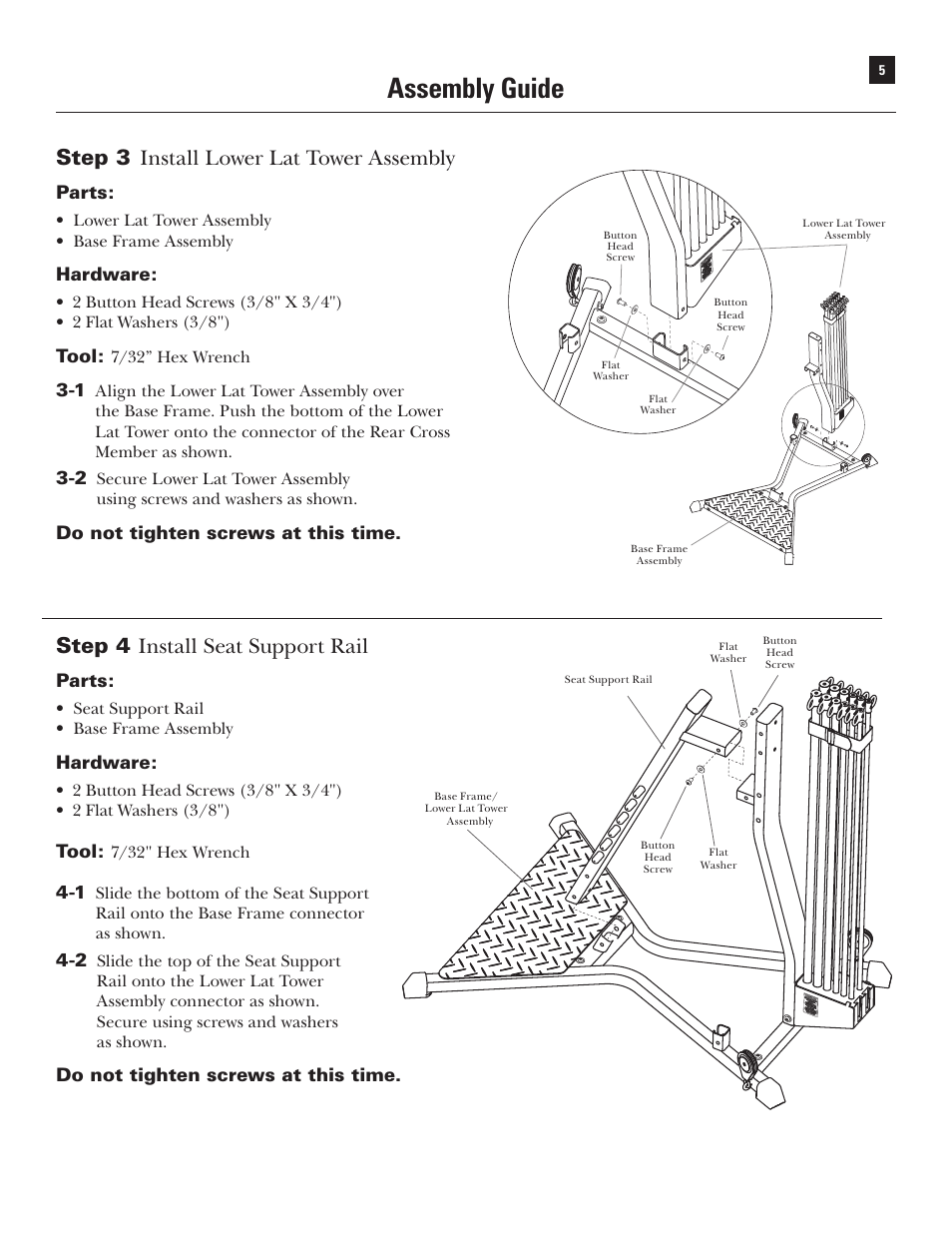 Assembly guide, Step 3, Install lower lat tower assembly | Step 4 install seat support rail, Parts, Hardware, Tool, Do not tighten screws at this time | Bowflex Xtreme User Manual | Page 7 / 90