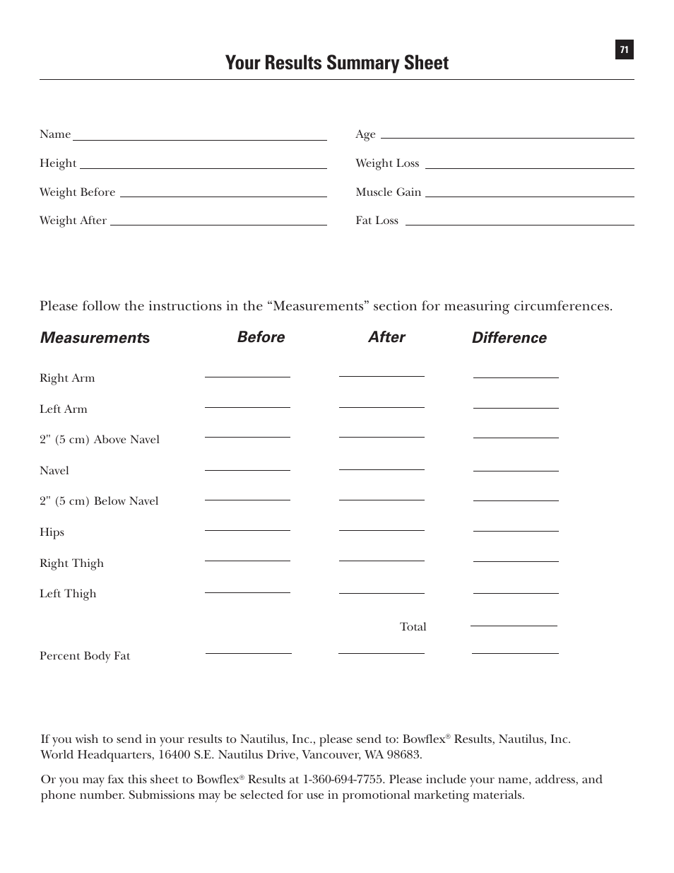 Your results summary sheet, Measurement s, Before after | Difference | Bowflex Xtreme User Manual | Page 73 / 90