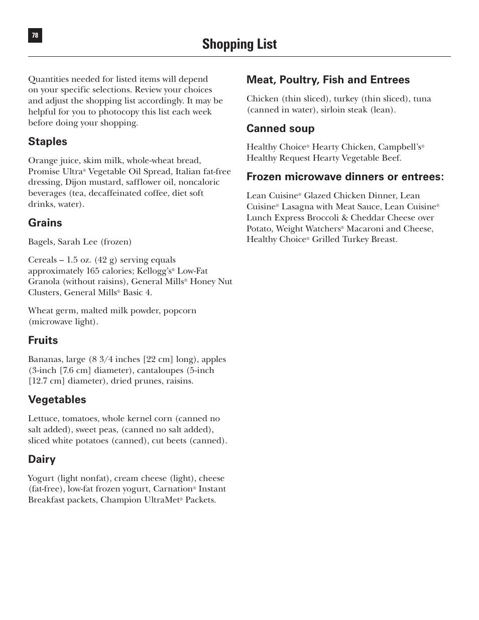Shopping list, Staples, Grains | Fruits, Vegetables, Dairy, Meat, poultry, fish and entrees, Canned soup, Frozen microwave dinners or entrees | Bowflex Xtreme User Manual | Page 80 / 90