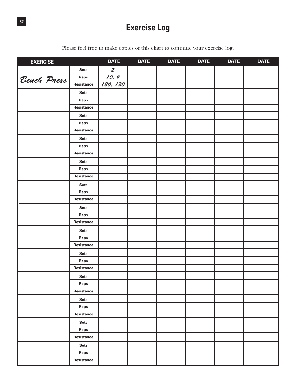 Bench press, Exercise log | Bowflex Xtreme User Manual | Page 84 / 90