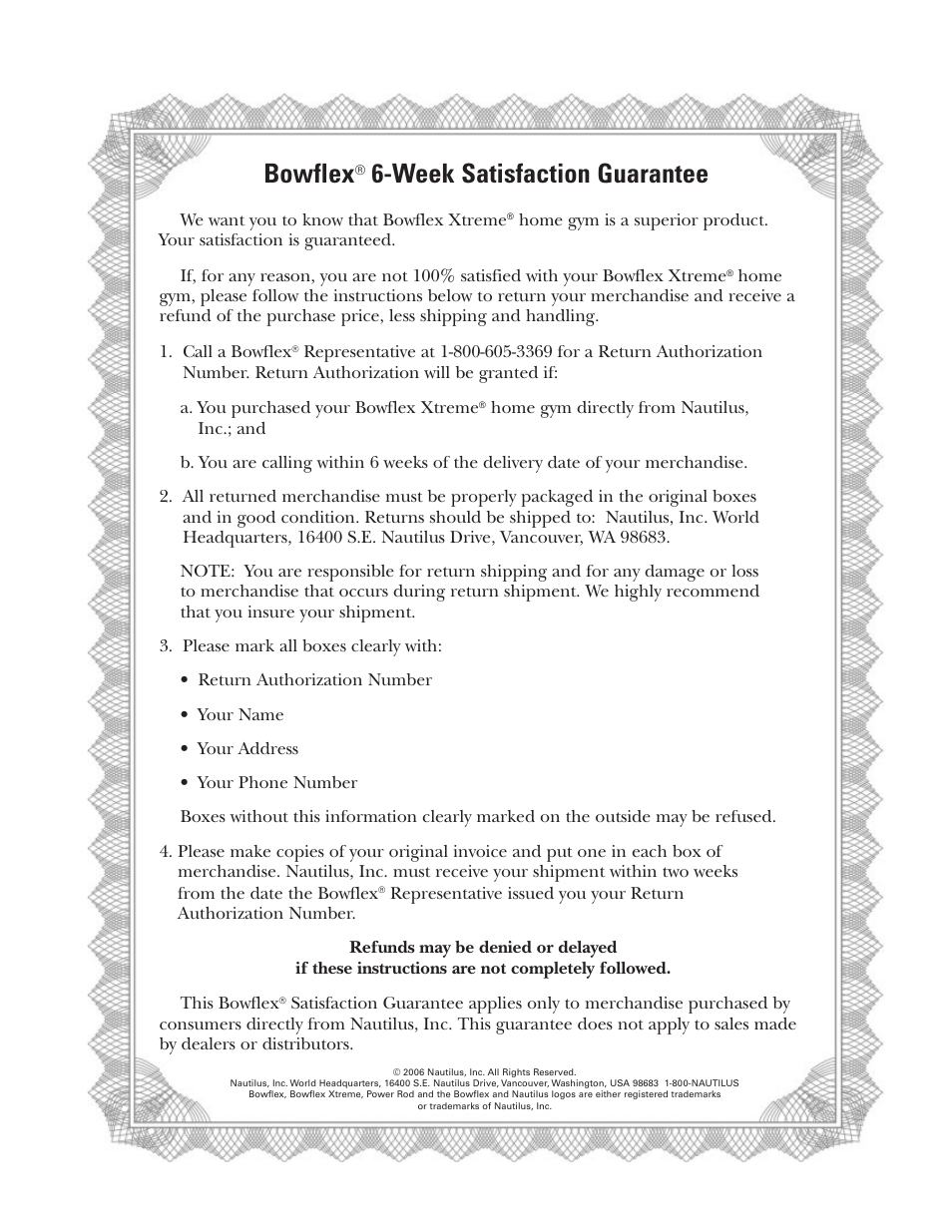 Bowflex, Week satisfaction guarantee | Bowflex Xtreme User Manual | Page 86 / 90