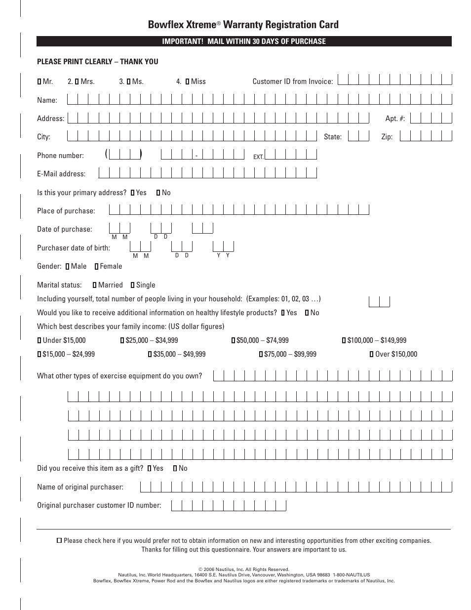 Bowflex xtreme, Warranty registration card | Bowflex Xtreme User Manual | Page 87 / 90