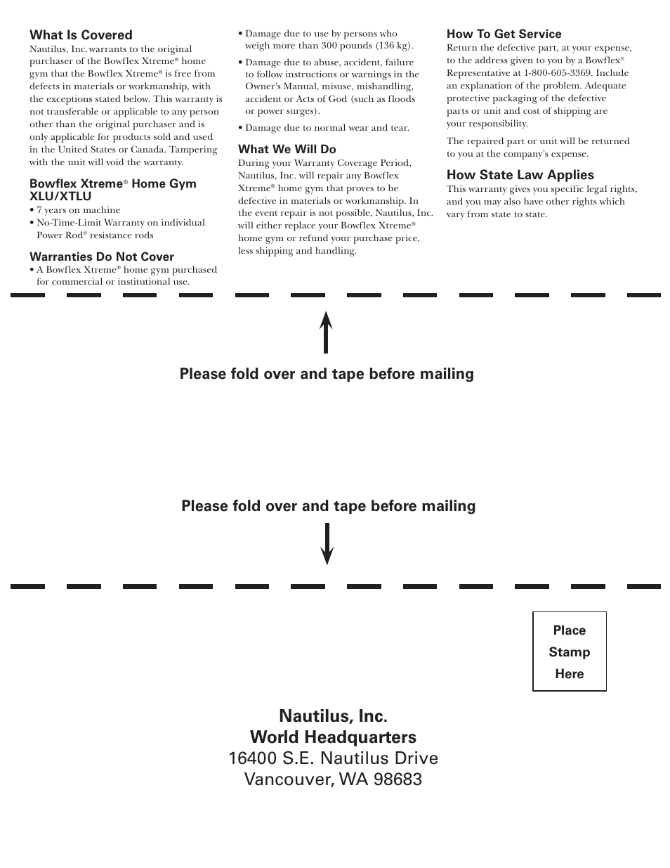 Please fold over and tape before mailing | Bowflex Xtreme User Manual | Page 88 / 90