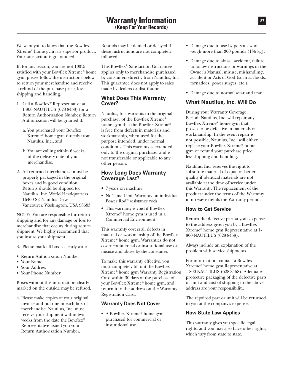 Warranty information, Keep for your records), What does this warranty cover | How long does warranty coverage last, What nautilus, inc. will do | Bowflex Xtreme User Manual | Page 89 / 90