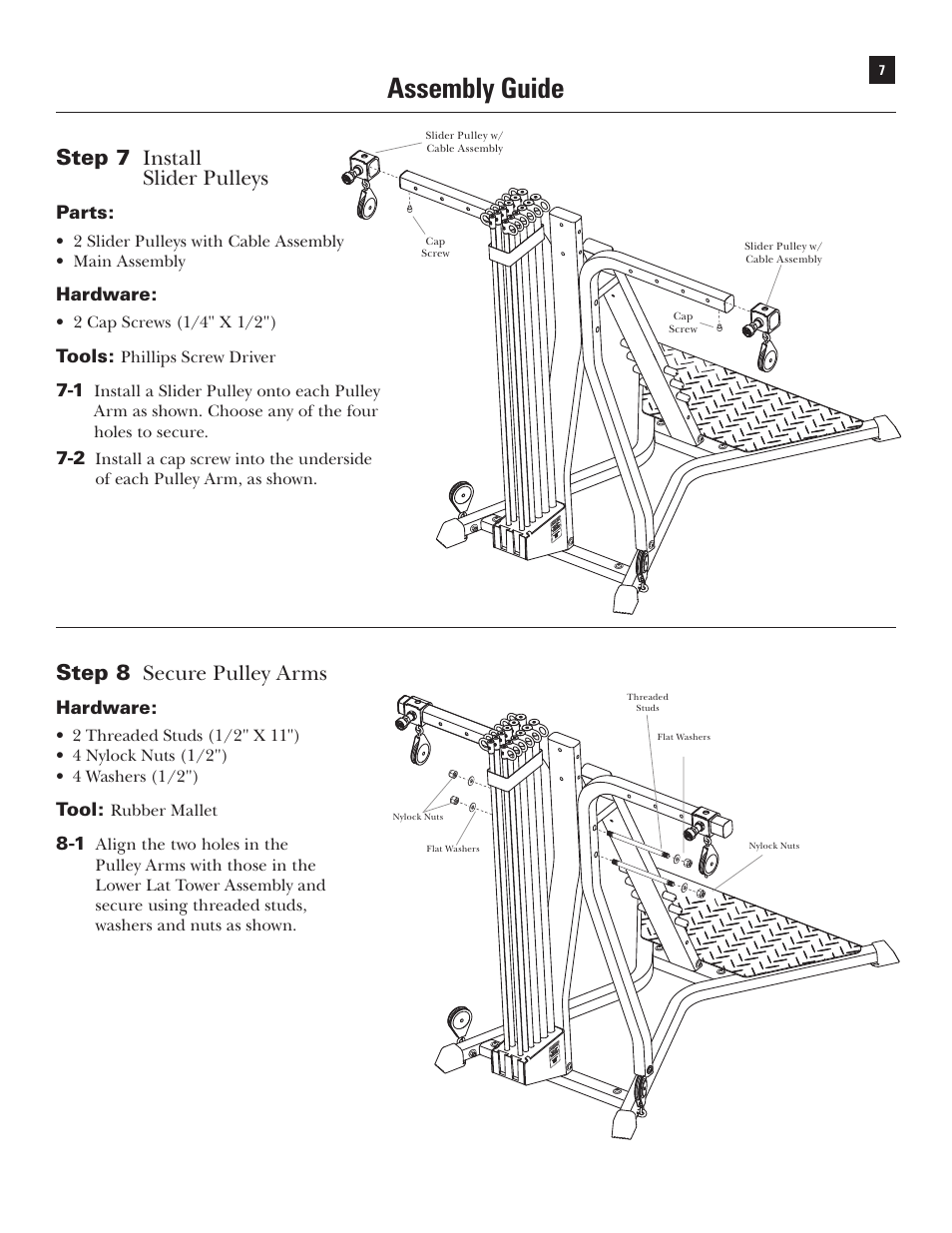 Assembly guide, Step 7 install slider pulleys, Step 8 secure pulley arms | Bowflex Xtreme User Manual | Page 9 / 90