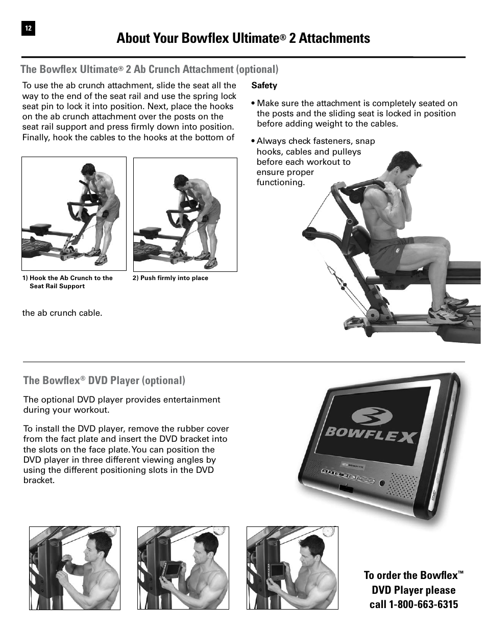 About your bowflex ultimate, 2 attachments, The bowflex ultimate | 2 ab crunch attachment (optional) the bowflex, Dvd player (optional) | Bowflex Ultimate 2 User Manual | Page 14 / 88