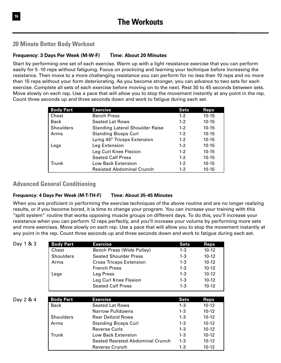 The workouts, 20 minute better body workout, Advanced general conditioning | Bowflex Ultimate 2 User Manual | Page 18 / 88