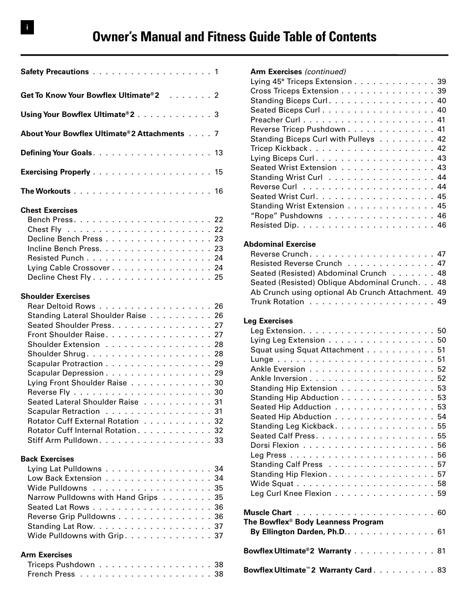 Owner’s manual and fitness guide table of contents | Bowflex Ultimate 2 User Manual | Page 2 / 88