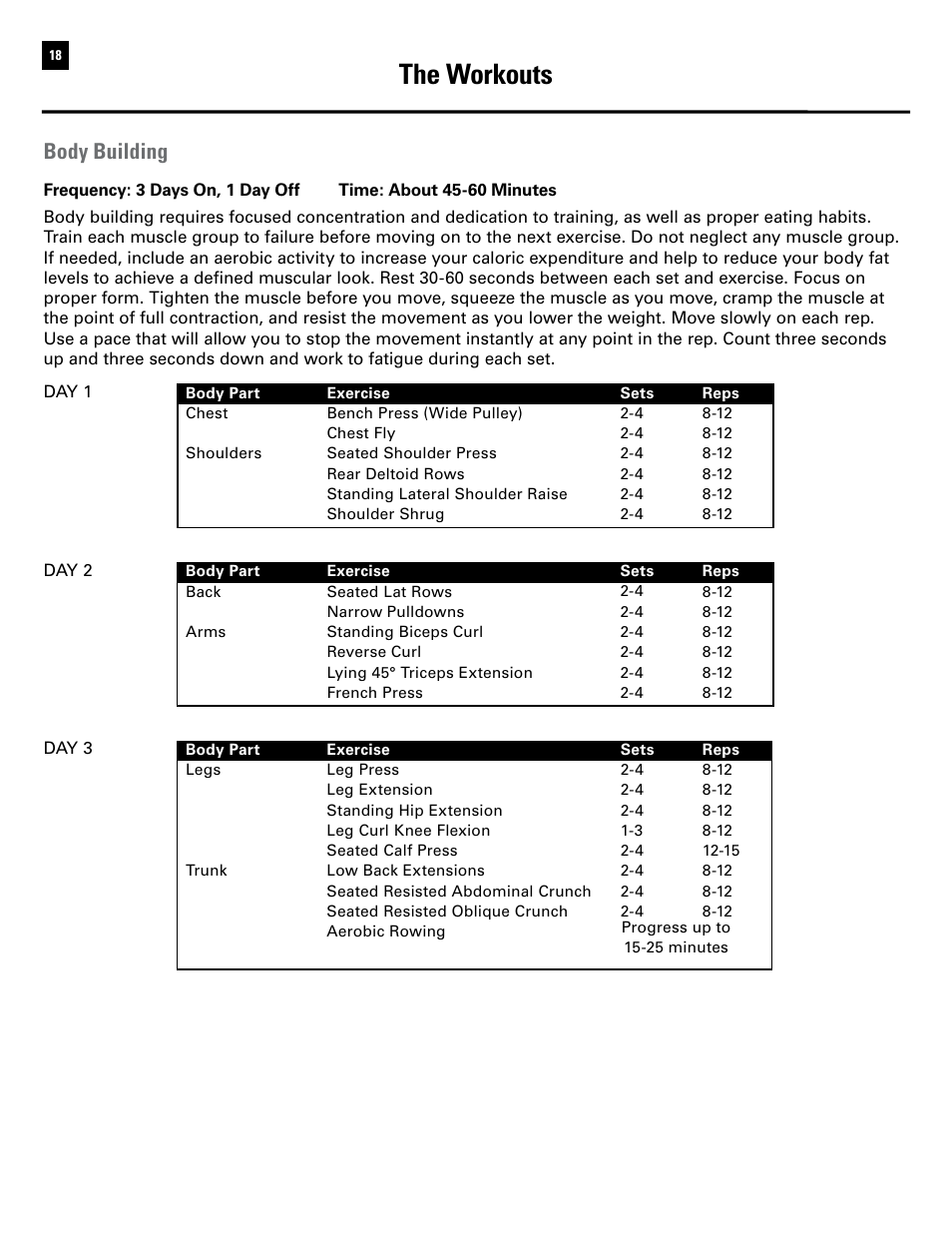 The workouts, Body building | Bowflex Ultimate 2 User Manual | Page 20 / 88