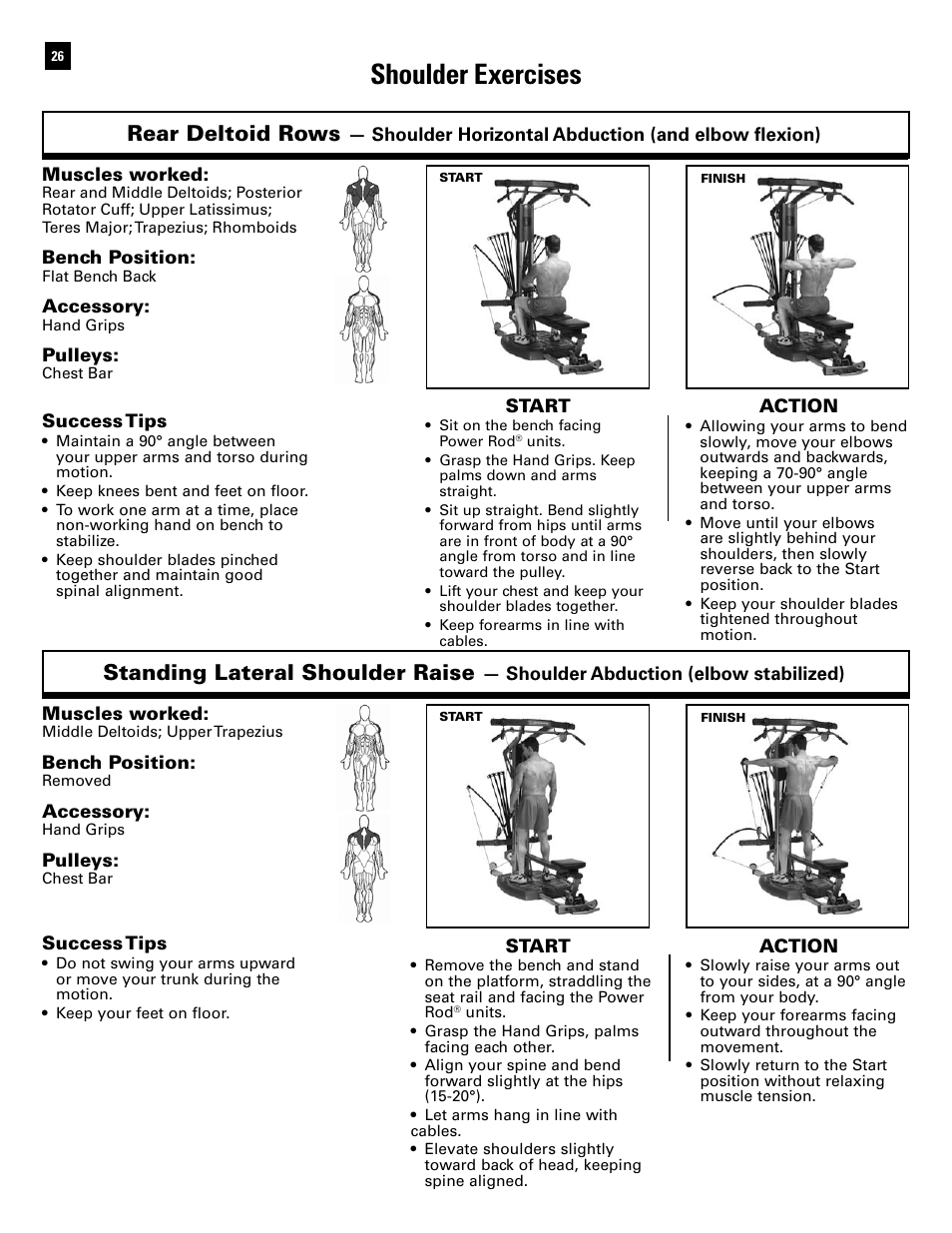 Shoulder exercises, Rear deltoid rows, Standing lateral shoulder raise | Bowflex Ultimate 2 User Manual | Page 28 / 88