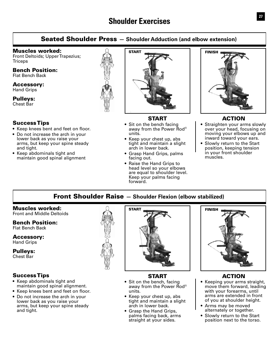 Shoulder exercises, Seated shoulder press, Front shoulder raise | Bowflex Ultimate 2 User Manual | Page 29 / 88