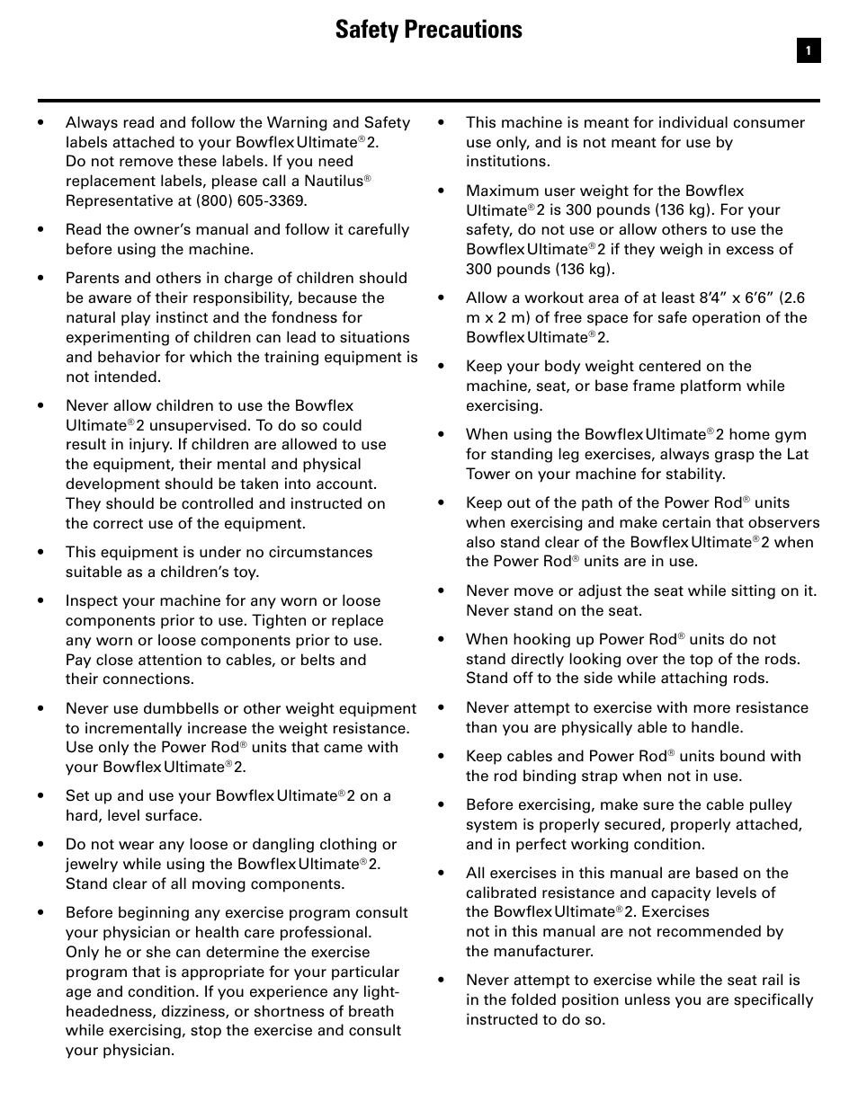 Safety precautions | Bowflex Ultimate 2 User Manual | Page 3 / 88