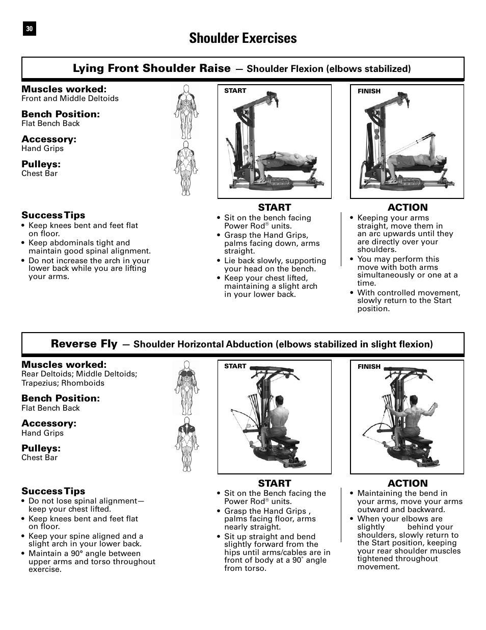 Shoulder exercises, Lying front shoulder raise, Reverse fly | Bowflex Ultimate 2 User Manual | Page 32 / 88