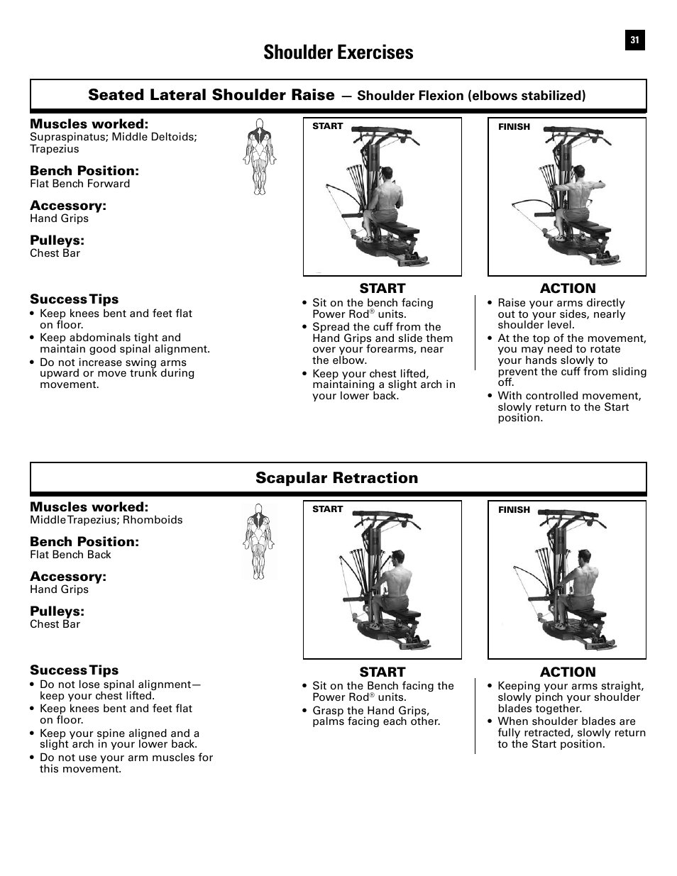 Shoulder exercises, Seated lateral shoulder raise, Scapular retraction | Bowflex Ultimate 2 User Manual | Page 33 / 88