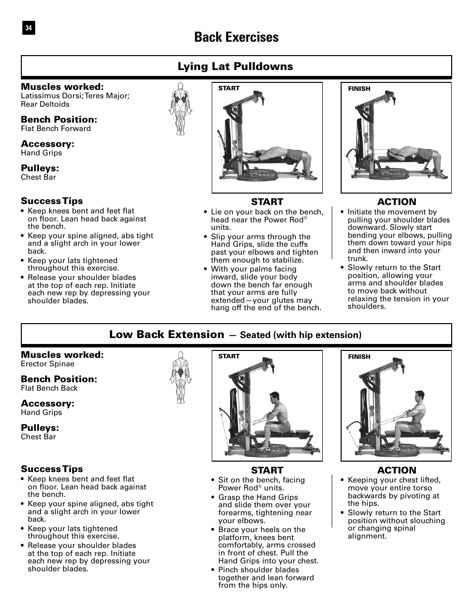 Back exercises, Lying lat pulldowns, Low back extension | Bowflex Ultimate 2 User Manual | Page 36 / 88