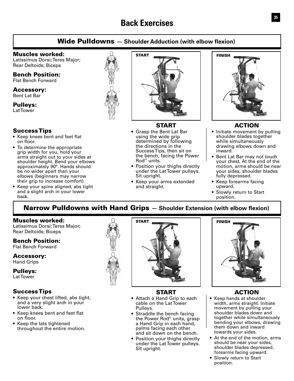 Back exercises, Wide pulldowns, Narrow pulldowns with hand grips | Bowflex Ultimate 2 User Manual | Page 37 / 88