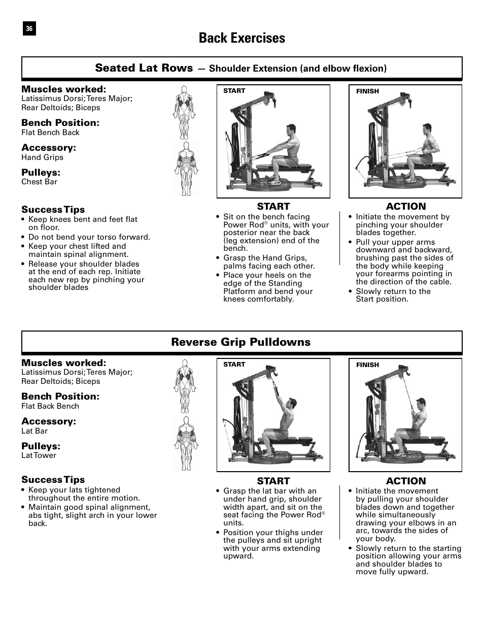 Back exercises, Seated lat rows, Reverse grip pulldowns | Bowflex Ultimate 2 User Manual | Page 38 / 88