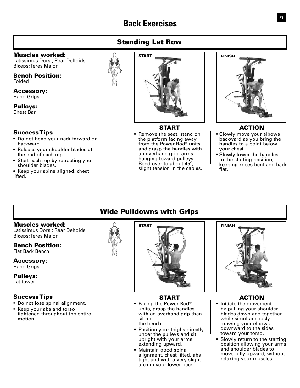 Back exercises, Standing lat row, Wide pulldowns with grips | Bowflex Ultimate 2 User Manual | Page 39 / 88