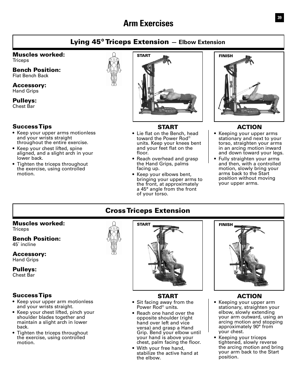 Arm exercises, Lying 45, Triceps extension | Cross triceps extension | Bowflex Ultimate 2 User Manual | Page 41 / 88