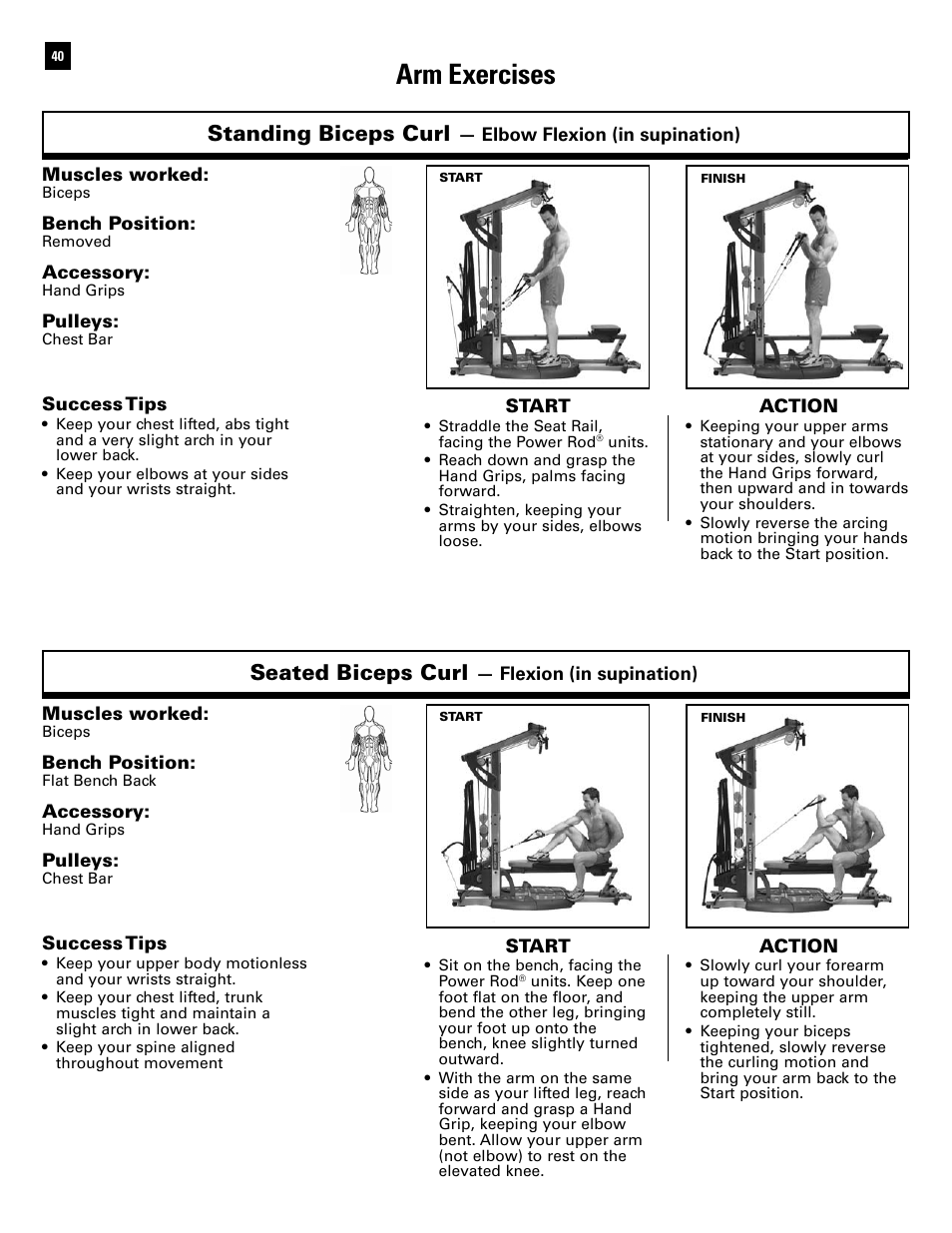 Arm exercises, Standing biceps curl, Seated biceps curl | Bowflex Ultimate 2 User Manual | Page 42 / 88