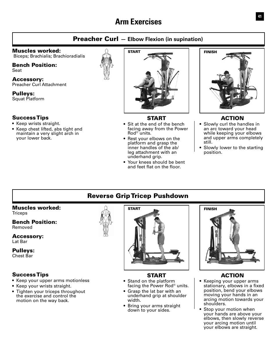 Arm exercises, Preacher curl, Reverse grip tricep pushdown | Bowflex Ultimate 2 User Manual | Page 43 / 88