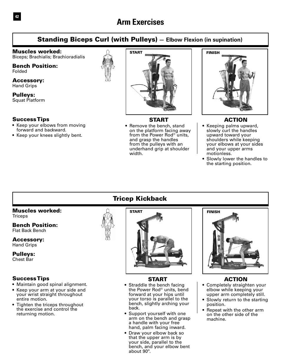 Arm exercises, Standing biceps curl (with pulleys), Tricep kickback | Bowflex Ultimate 2 User Manual | Page 44 / 88