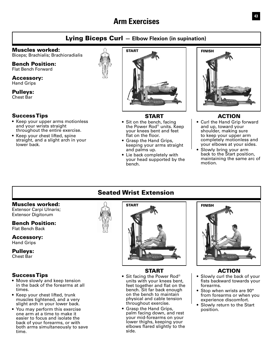 Arm exercises, Lying biceps curl, Seated wrist extension | Bowflex Ultimate 2 User Manual | Page 45 / 88